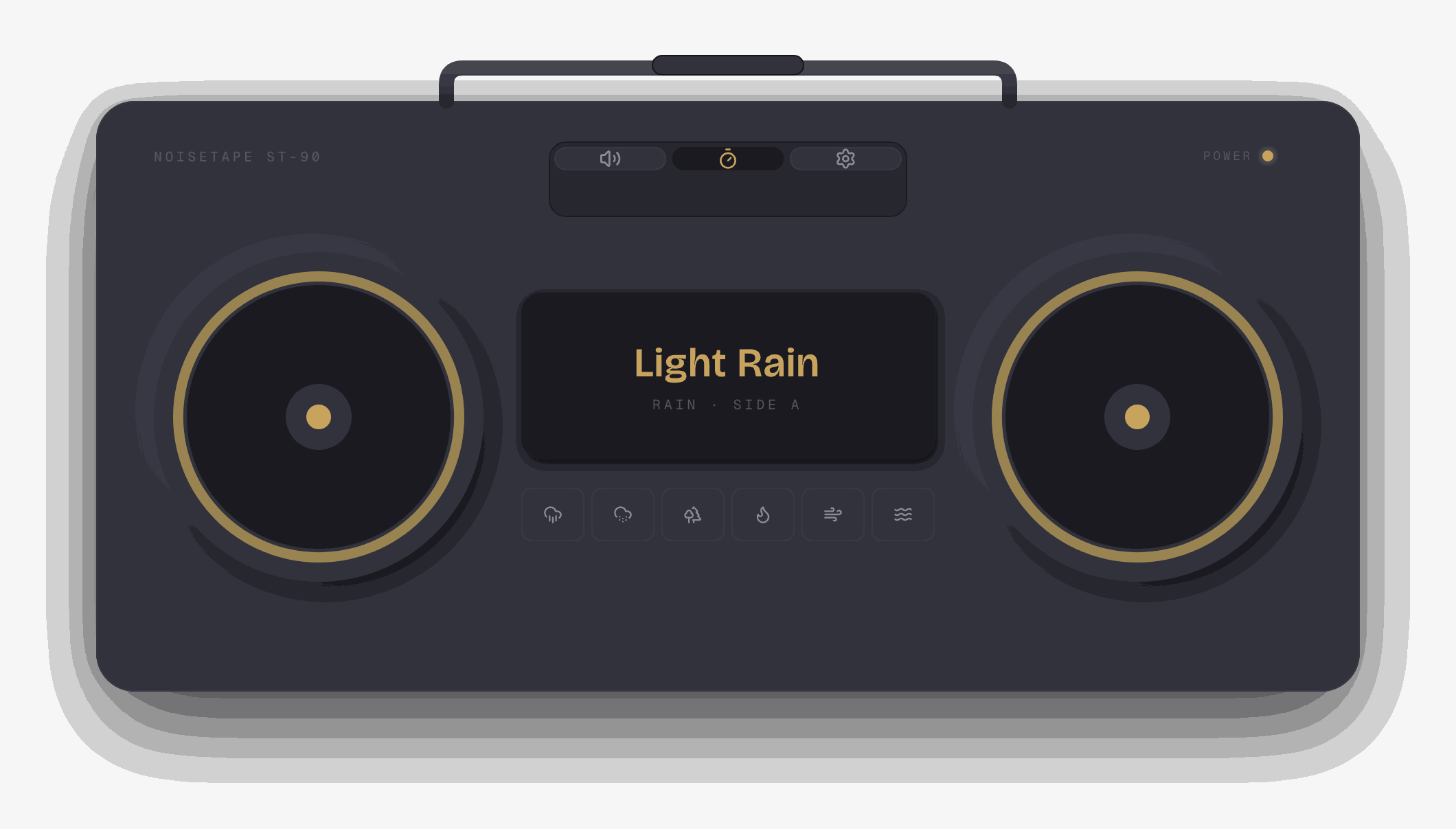 NoiseTape ST-90 — a dark retro boombox with two speakers, a cassette window showing Light Rain, and mechanical volume, timer and settings keys