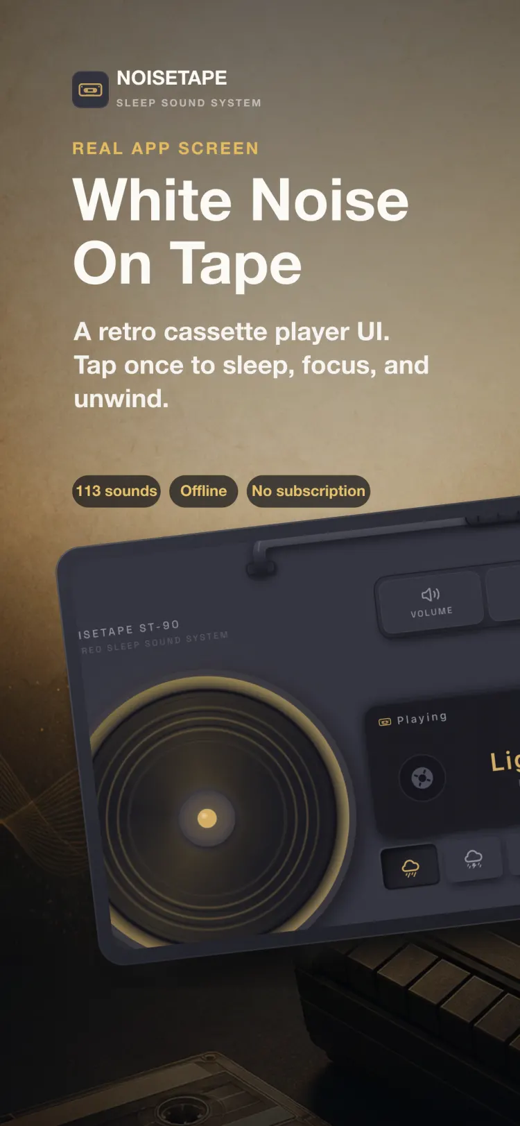 NoiseTape player on iPhone — a retro cassette deck playing Light Rain, with mechanical volume, timer and settings keys